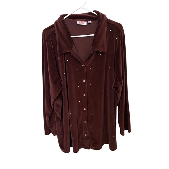 Quacker Factory Womens 2X Brown Velour Button-Up Shirt With Rhinestone Accents - Picture 1 of 10
